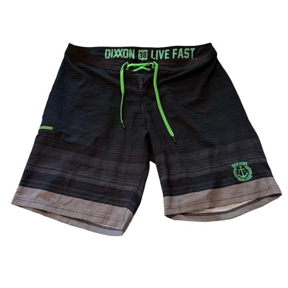 Dixxon Flannel Boardshorts Size 38 Live Fast Black Gray Neon Green Swim Trunks
